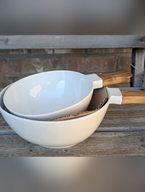 Two Mason White Ceramic Serving Bowls With Wood Handles